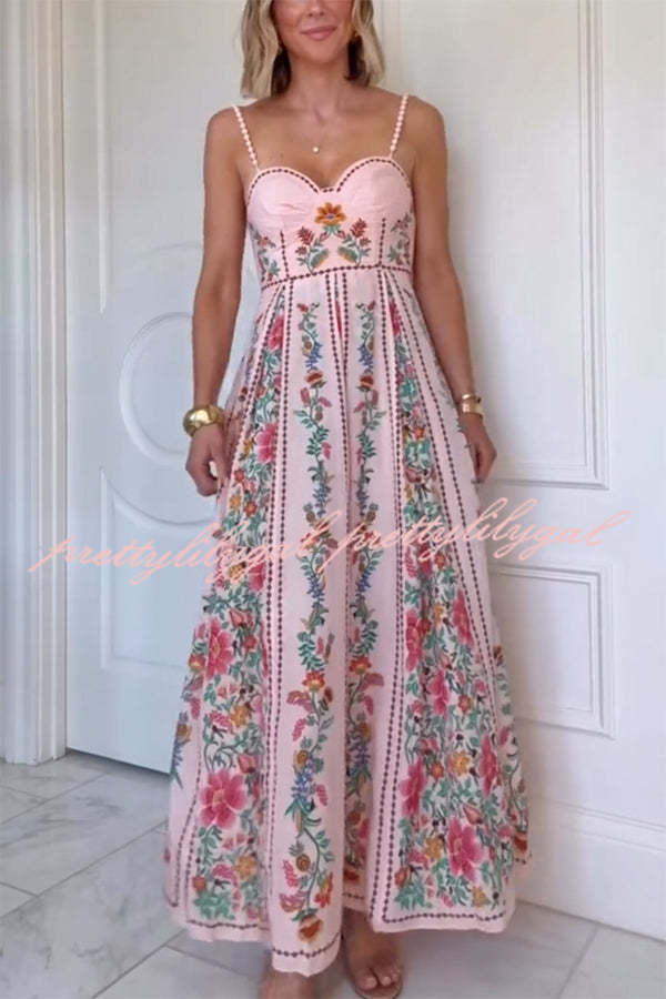 Delicate Forest Unique Print Sweetheart Neck Beaded Straps Maxi Dress