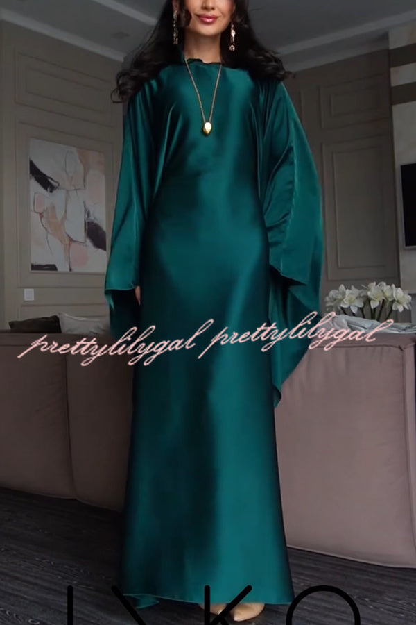 Dignified and Elegant Satin Batwing Sleeve with Waist Tie Design A-line Maxi Dress