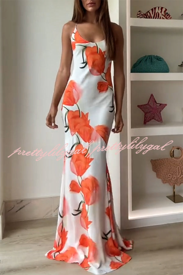 Charming Tulip Print Backless Crisscross Straps Flare Scarf Maxi Dress