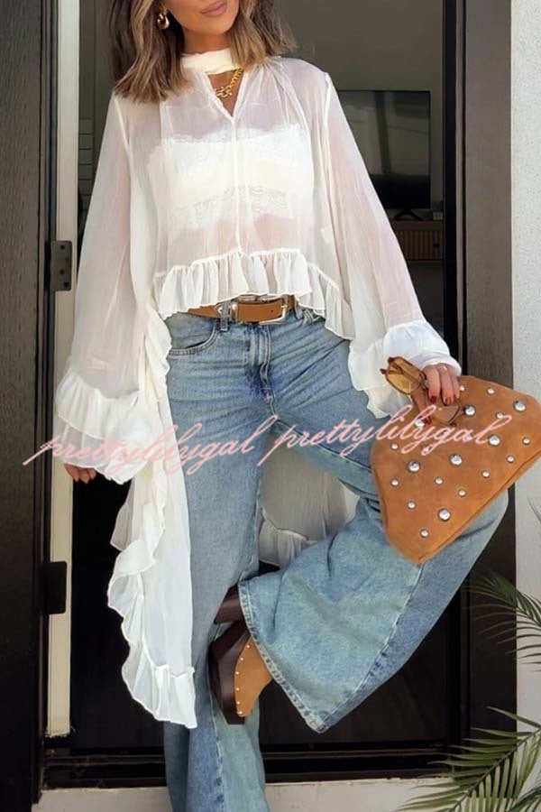 Flowy See-through Ruffle Tie-up Neck Bell Sleeve High-low Hem Cape Shirt