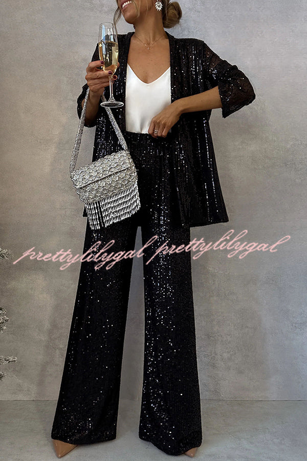 Party Scene Sequin Open Front Long Sleeve Drape Coat