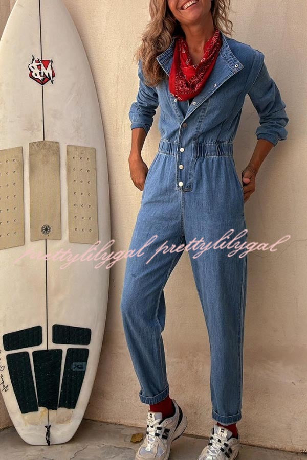 Carey Denim Button Up Long Sleeve Elastic Waist Pocketed Loose Jumpsuit