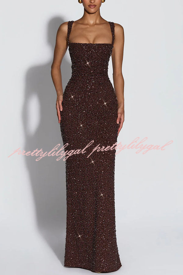Calanthe Sequin Embellished Chiffon Ruched Square Neck Back Lace-Up Maxi Dress
