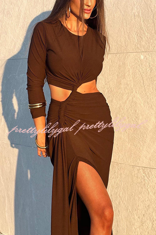 Solid Color Round Neck Long Sleeve Sexy Exposed Waist Slit Maxi Dress