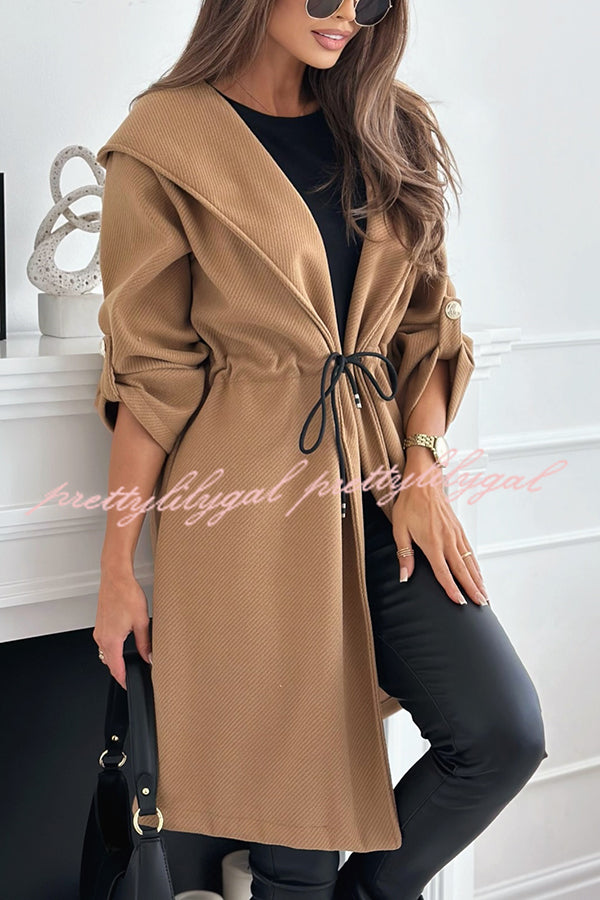 Effortless and Warm Textured Fabric Drawstring Waist Pocket Hooded Midi Coat