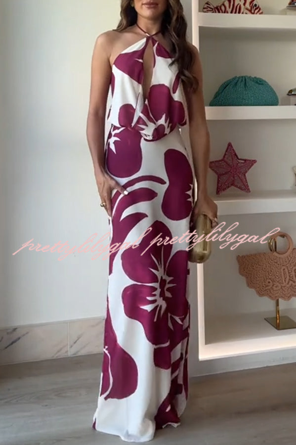 Leslie Flower Print Halter Cutout Cowl Neck Backless Maxi Dress