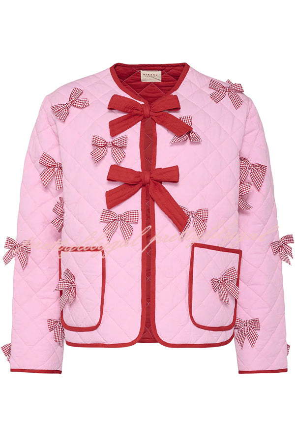 Lily Bow Embroidered Long-sleeve Lace-up Pocket Cotton Jacket