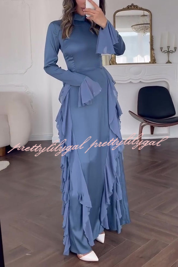 Cline Solid Color High Neck Long Sleeve Elegant Ruffles Maxi Dress