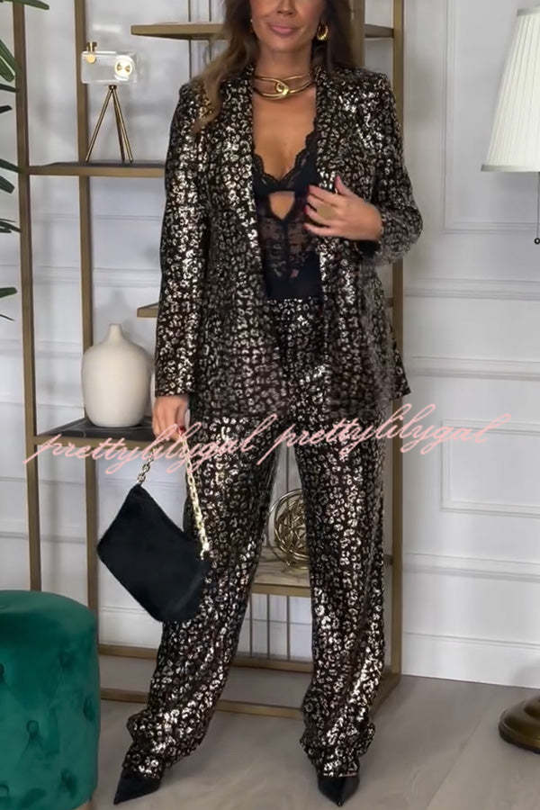 Mona Leopard Metallic Fabric Lapel Boyfriend Blazer and Elastic Waist Pocketed Loose Pants Set