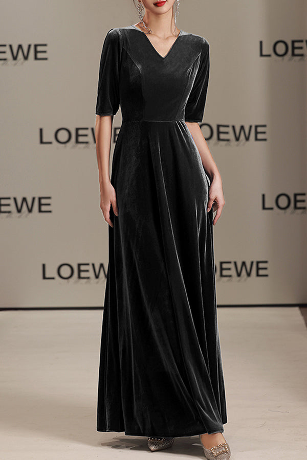 Solid Color Velvet V-neck Fitted Waist Short Sleeve Elegant Maxi Dress