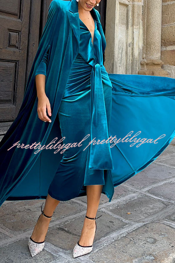 Olivienne Luxurious Velvet Padded Shoulders Slit Sleeve Lapel Midi Cape