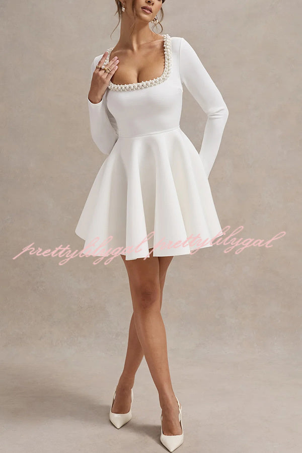 Playful Elegance Pearl Embellished Trim Long Sleeve Pleated Mini Dress