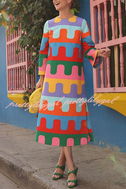 Bright Day Colorful Ripple Print Side Slit Midi Dress