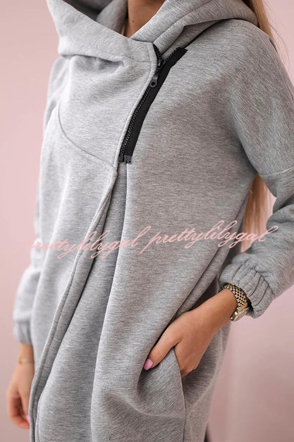 Solid Color Loose Hooded Zip-up Casual Sports Jacket