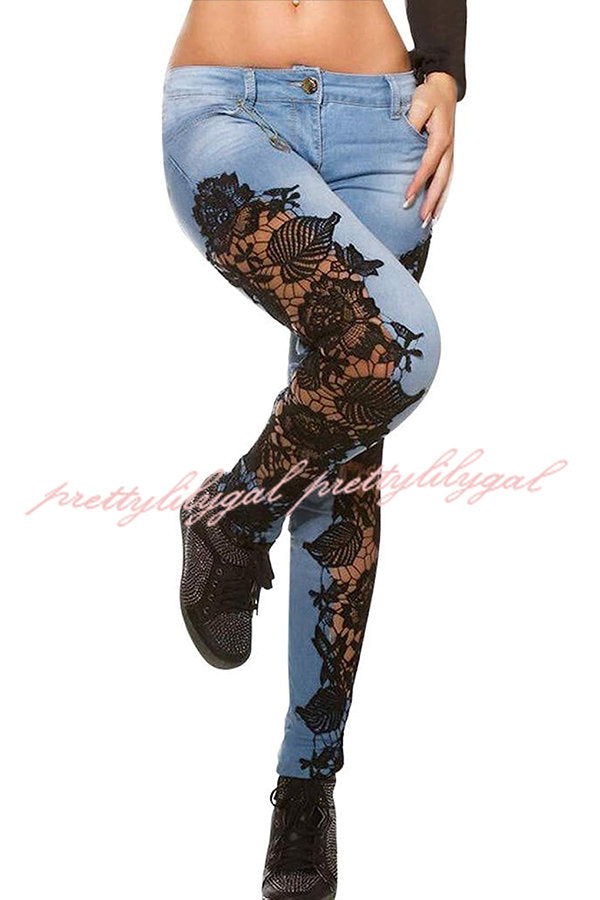 Sexy Side Lace Crochet Appliques Stretch Jeans