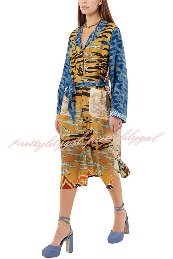 Tropical Jungle Tiger Unique Print  Long Sleeve Belt Pocketed Kimono Coat