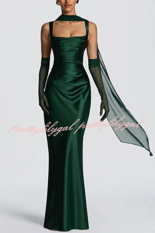 Calanthe Satin Square Neck Ruched Back Lace-up Drape Mesh Scarf Maxi Dress