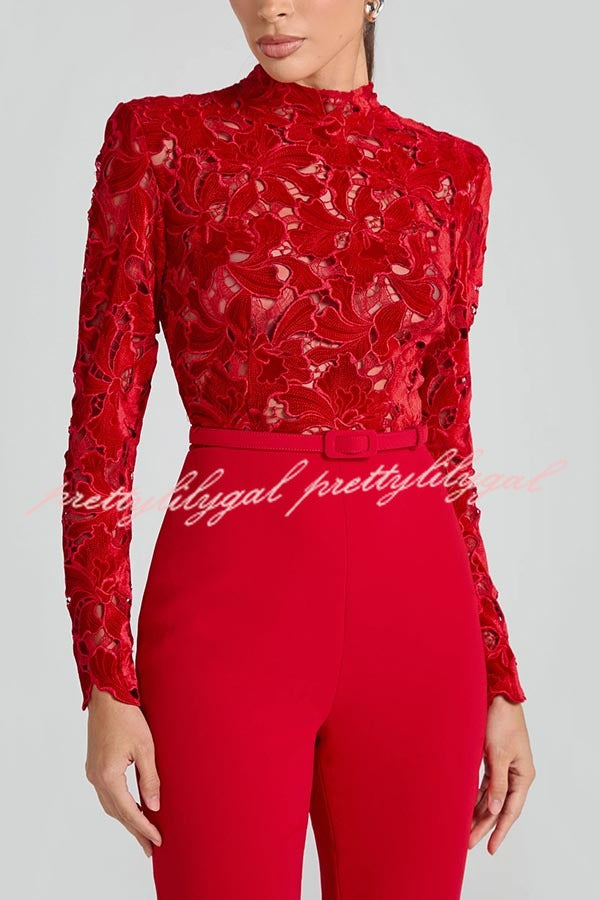 Eleanor Embroidered Floral Lace Long Sleeve Patchwork Belt Flare Jumpsuit