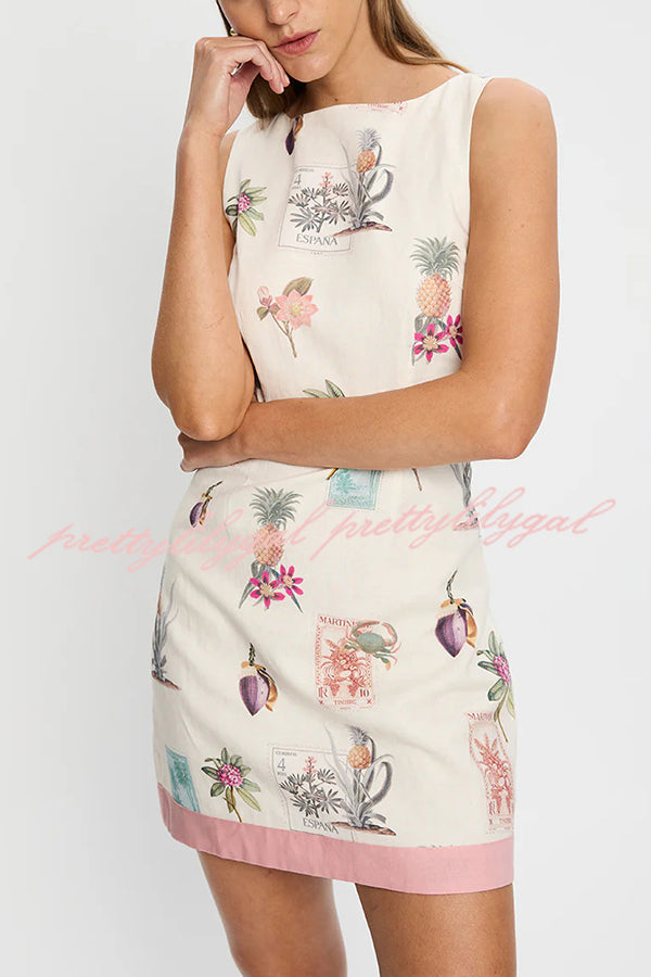 Botanical Print Sleeveless Open Back Casual Mini Dress