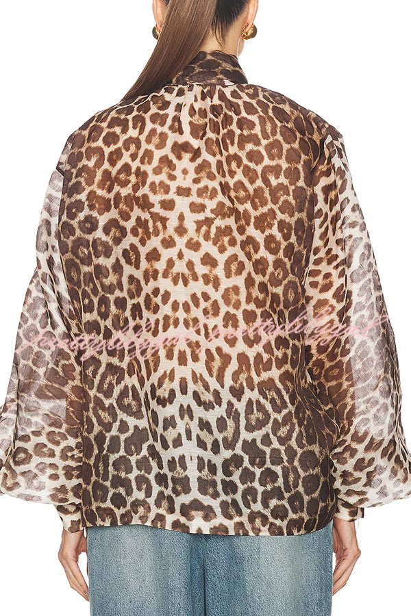 Arianne Chiffon Leopard Print Bow Neck Long Balloon Sleeve Loose Blouse