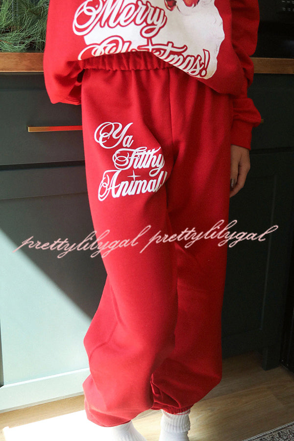 Christmas Santa Print Loose Round Neck Sweatshirt and Elastic Waist Casual Pants Set