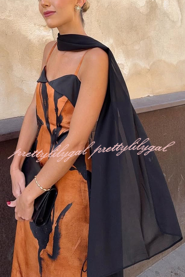 Elegant Satin Flowers Print Black Piping Detail Slit Scarf Maxi Dress