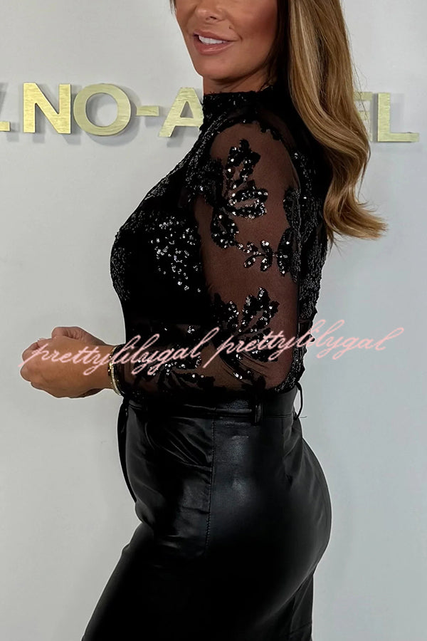 Chelsea Sheer Flower Sequin Detail Mock Neck Long Sleeve Stretch Top