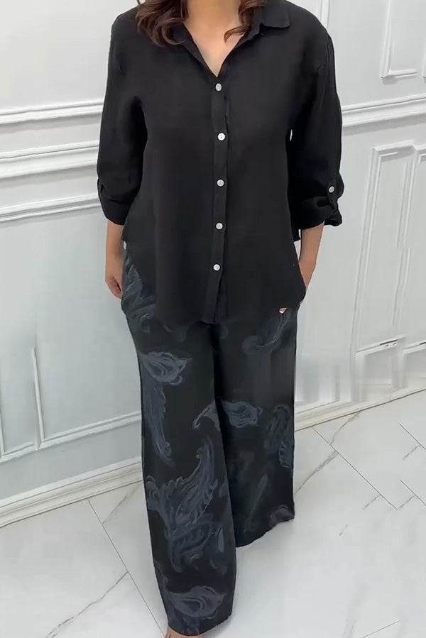Fashion Lapel Long Sleeve Casual Shirt and Unique Print Elastic Waist Pocket Wide Leg Pants Set