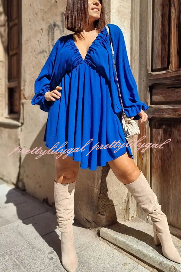 V Neck Puff Sleeve Solid Color Resort Style Mini Dress