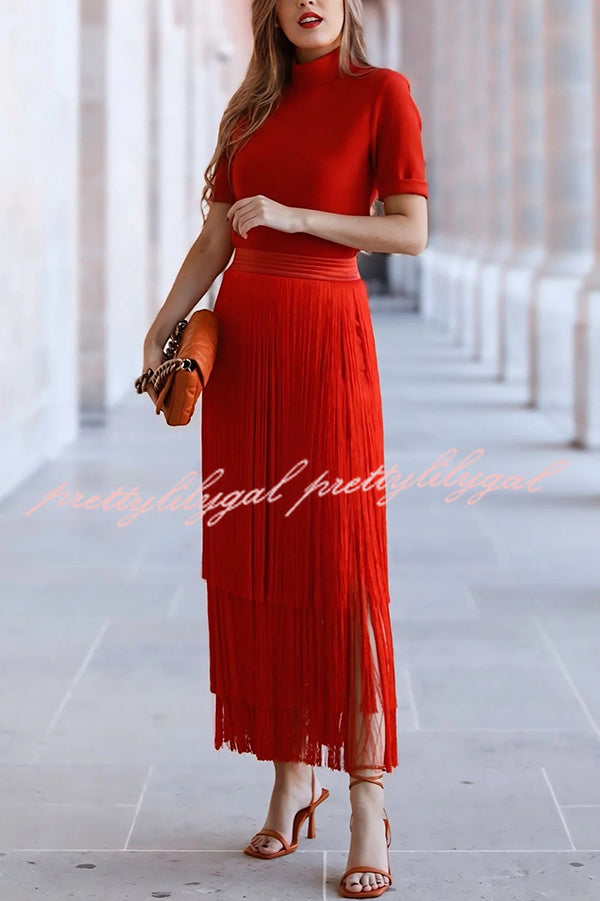 Elegant Tassel Hem Elastic Waist Casual Maxi Skirt