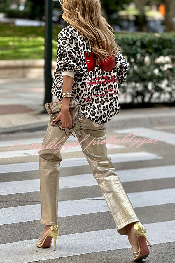 Unique Modern Feel Leopard and Cherry Print Casual Sweatshirt