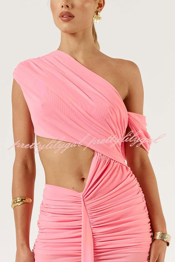 Ceilia Mesh Off Shoulder Cutout Waist Ruched Stretch Maxi Dress