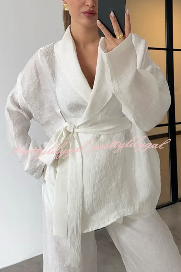 Refreshing Look Linen Blend Tie-up Lapel Kimono Coat and Elastic Waist Pocketed Pants Set