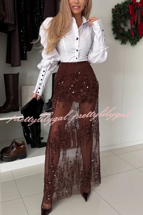 Darling Details Sequin Embroidered Tulle High Rise Elastic Waist Maxi Skirt