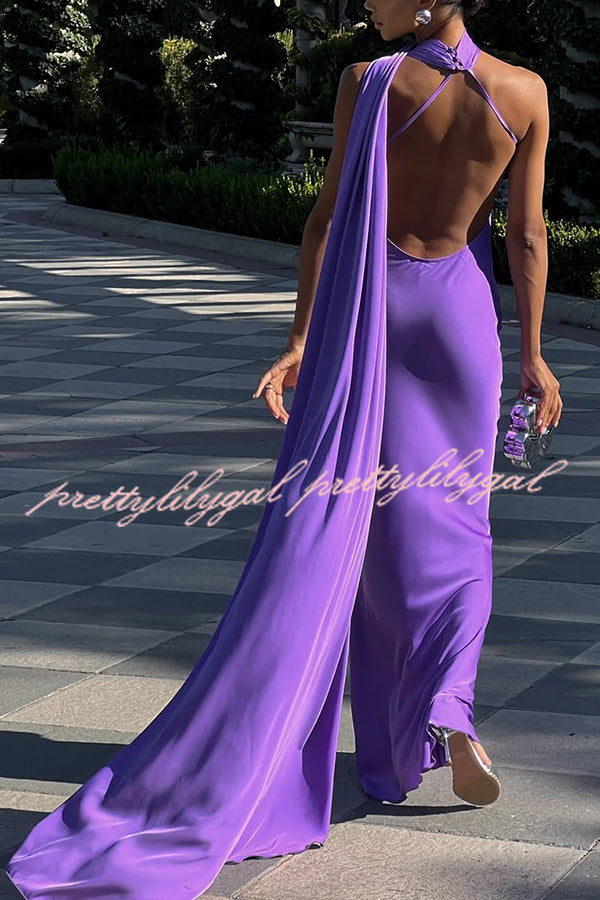 Crush on You Satin One Shoulder Backless Cape Maxi Dress