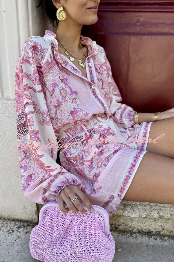 Botanical Print Palace Style Stand-up Collar Lantern Sleeve Loose Top and Casual Shorts Set