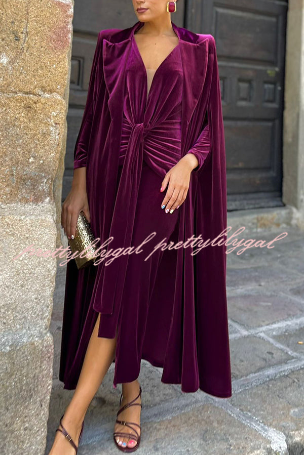 Olivienne Luxurious Velvet Padded Shoulders Slit Sleeve Lapel Midi Cape