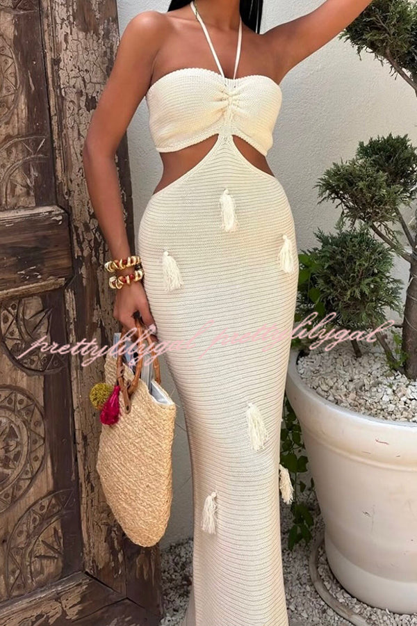 Fashion Halterneck Waist-baring Tassel-embellished Knitted Maxi Dress