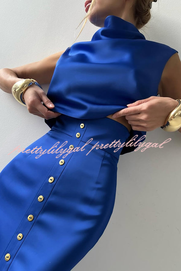 Solid Color Casual Sleeveless Crop Top and Elegant Button-down Maxi Skirt Set