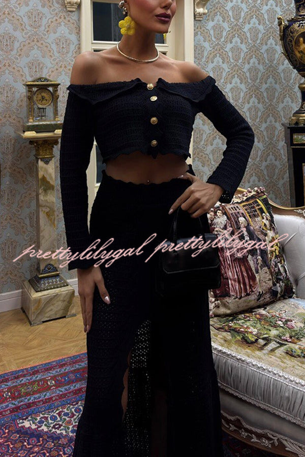 Fashion Knitted Off-the-shoulder Long-sleeved Top and Elastic Slit Maxi Skirt Set