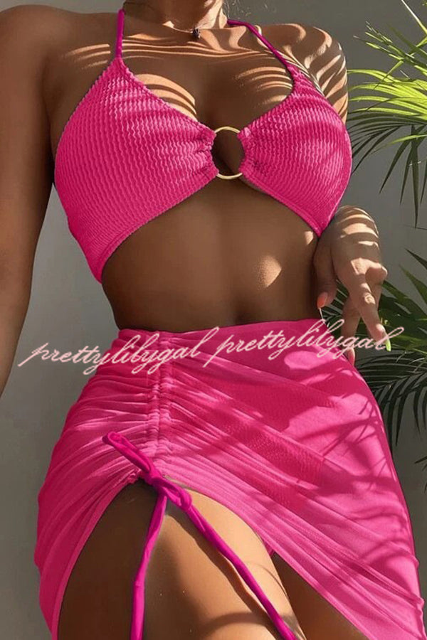 Commuting Style Suspender Pleated Hoop Three Pieces Swimsuit Set