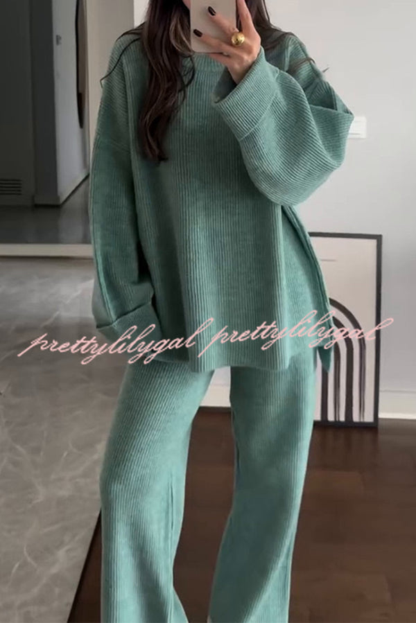Solid Color Loose Long-sleeved Knit Top and Elastic Waist Casual Straight Leg Pants Set