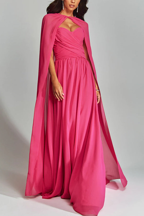 Romantic Party Chiffon Off Shoulder Sweetheart Neck Ruched Cape Maxi Dress