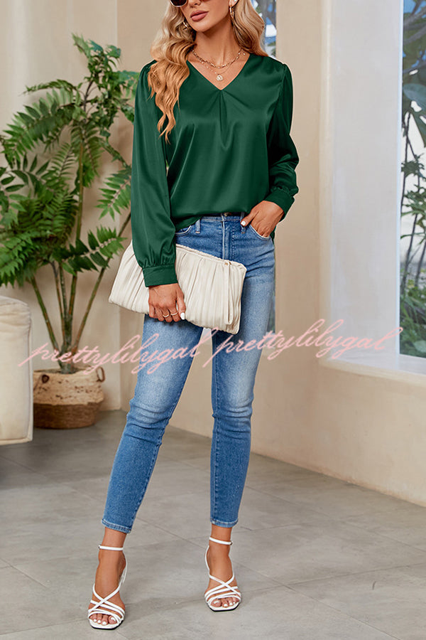 Satin Pleated V-neck Long-sleeved Loose Shirt