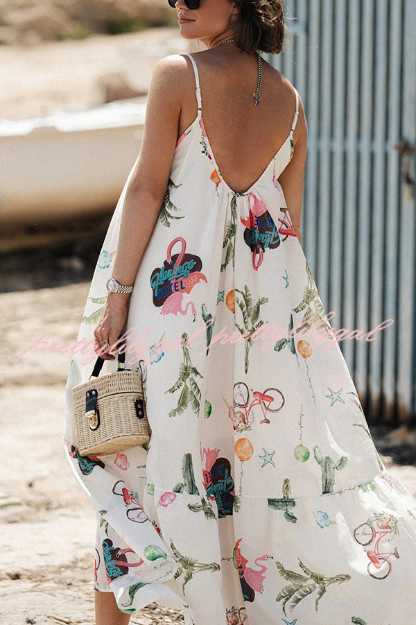 Summer Fashion Unique Print Round Neck Suspender Backless Midi Dress