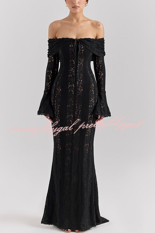 Outline The Curve Floral Lace Off Shoulder Bell Sleeve Stretch Maxi Dress