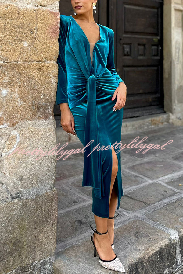 Elisabeth Luxurious Velvet Padded Shoulders Long Sleeve Twist Waist Drape Midi Dress
