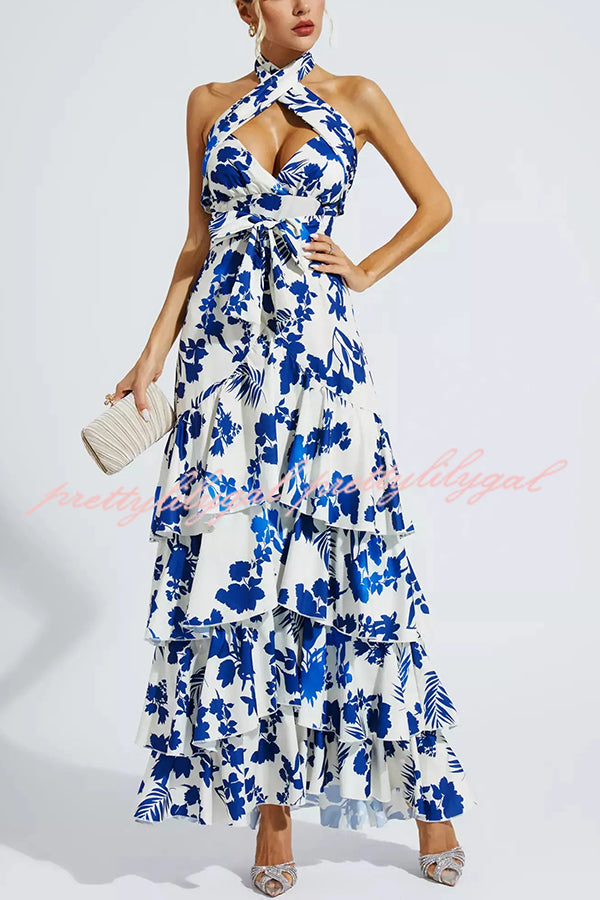 Gorgeous Styling Botanical Print Halter Neck Open Back Tiered Hem Maxi Dress