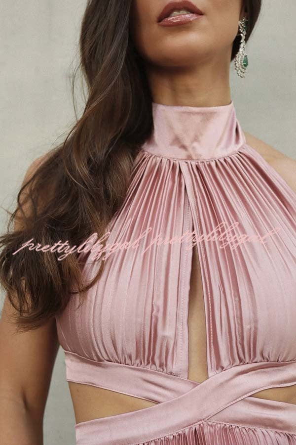 Stunning Choice Satin Pleated Halter High Neck Cutout Waist Backless Maxi Dress