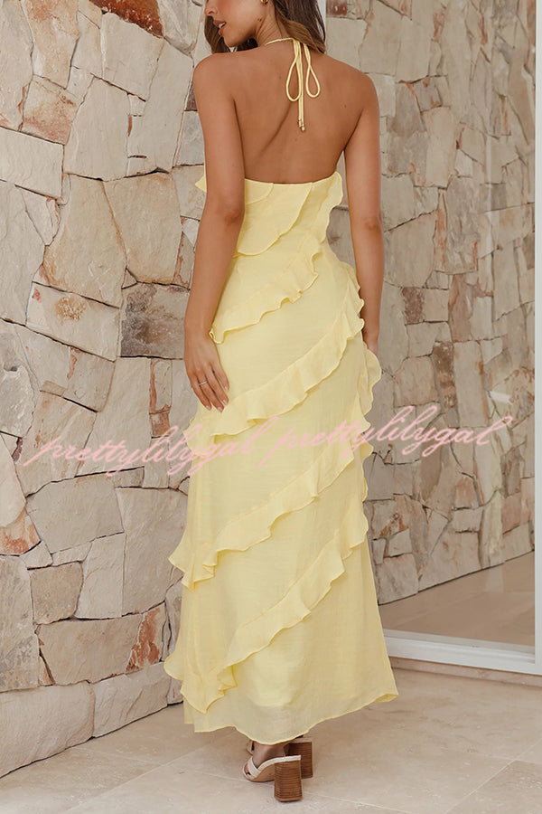 Radiant As Always Ruffle Detail Halter Neck Maxi Dress